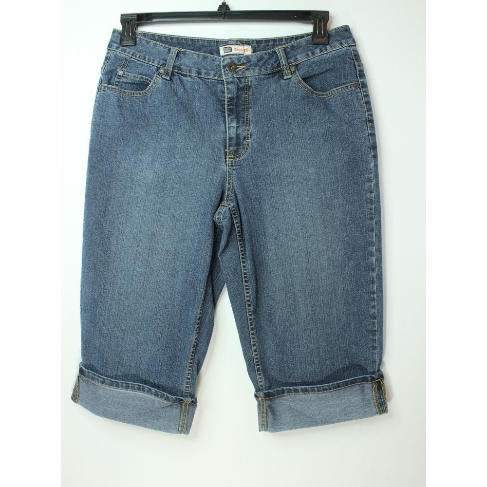 CAPRI FADED GLORY Sz 10 Womens PANTS DENIM JEAN Med Wash STRETCH Mid Rise Cuffs
